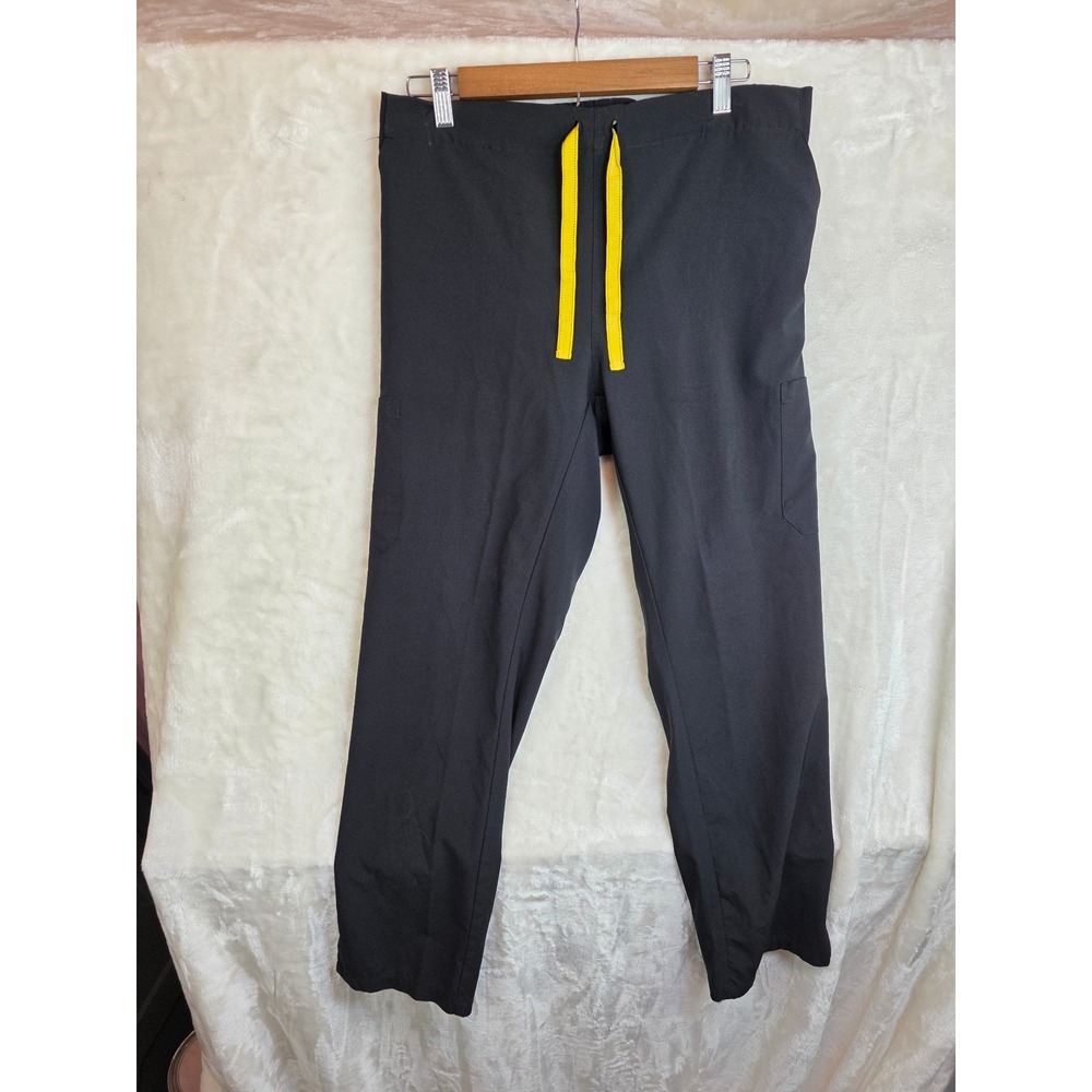Revel Premium Stretch Scrub Pants Black Yellow Drawstring Cargo‎ Pockets Large